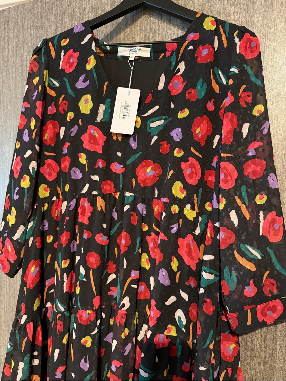 CROSBY by Mollie Burch Black Dress with Red, Yellow & Purple Floral Print - Picture 2 of 4